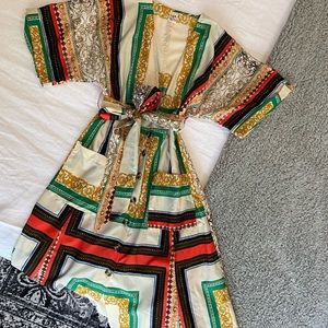 Cream scarf-motif, button up dress, with tie.